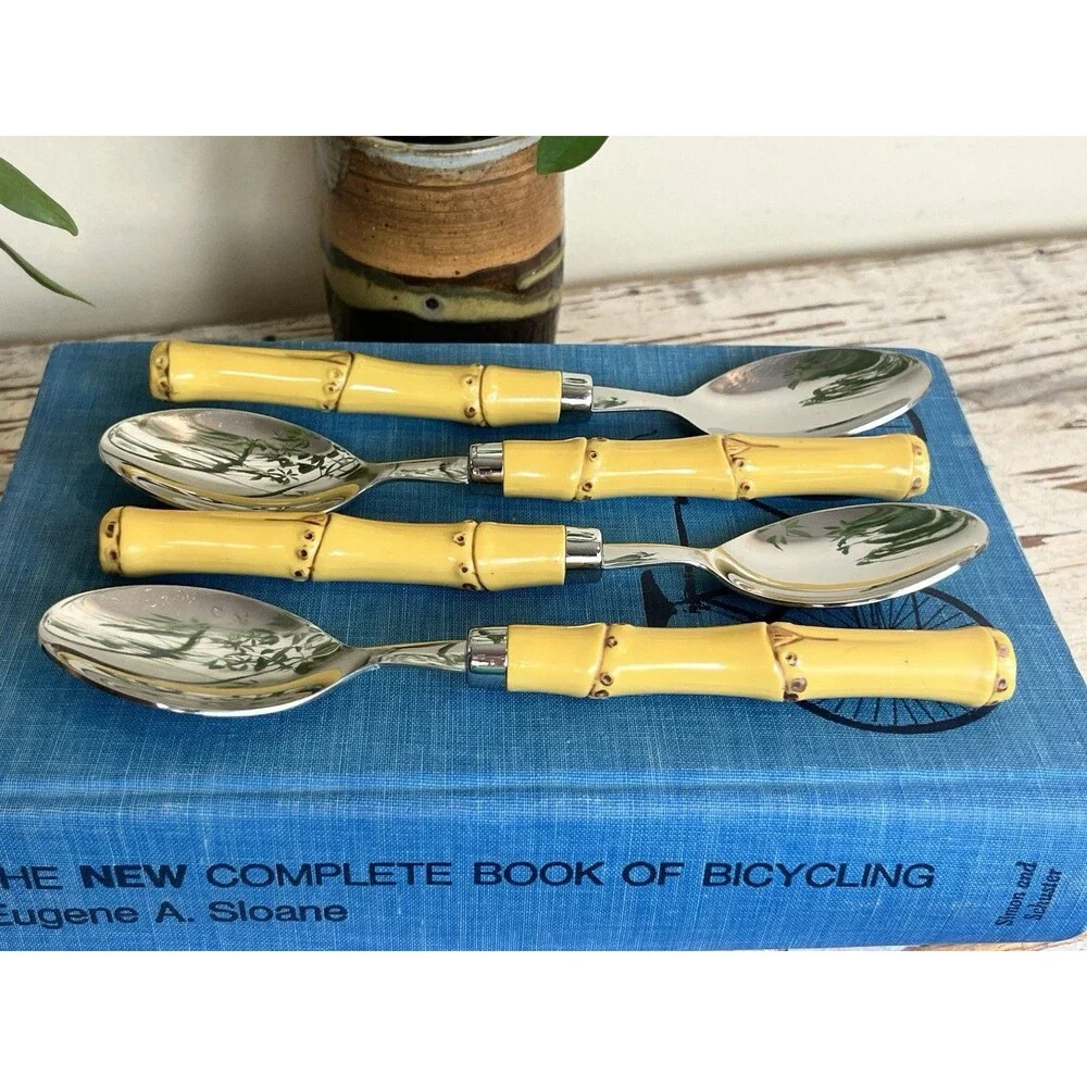 Vintage Faux Bamboo Soup Spoons (4) By Cambridge Hollywood Regency Style 7.5”